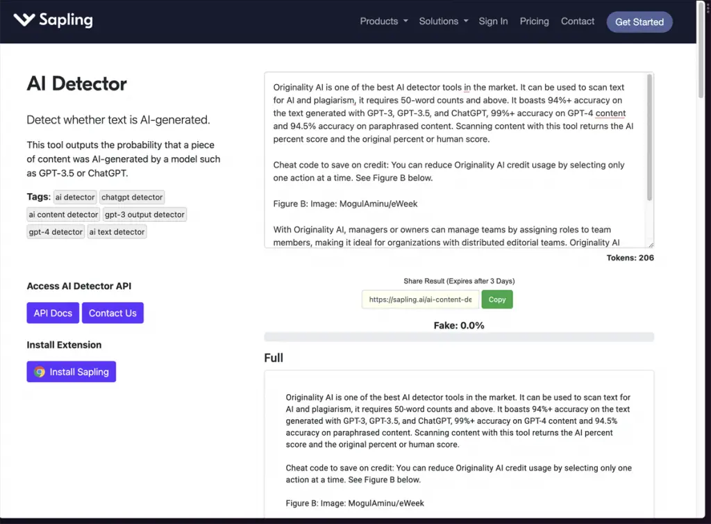 Best AI Detection Tools : Credits: Sapling.ai