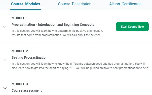 Online Courses for Procrasination : Credits: Alison