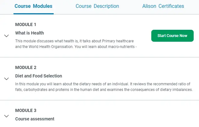 Online Courses for Nutrition : Credits: Alison
